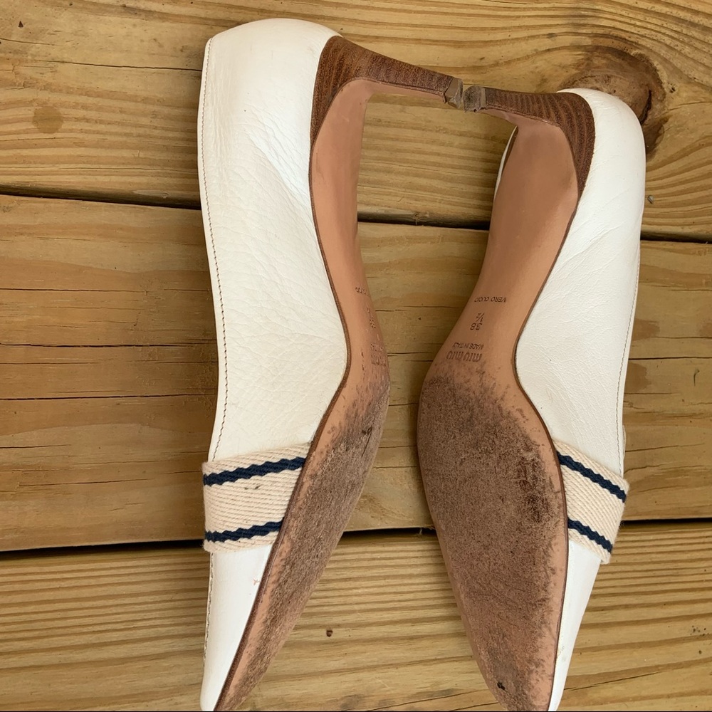 Miu Miu by Prada White Navy Blue Stripe Ribbon Heels Shoes Italy 38.5 Leather - Picture 8 of 14